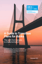 Report Cover: A guide to transition plans for banks; Image: Silhouette of bridge under clear sky; Parque das Nações, Lisbon, Portugal